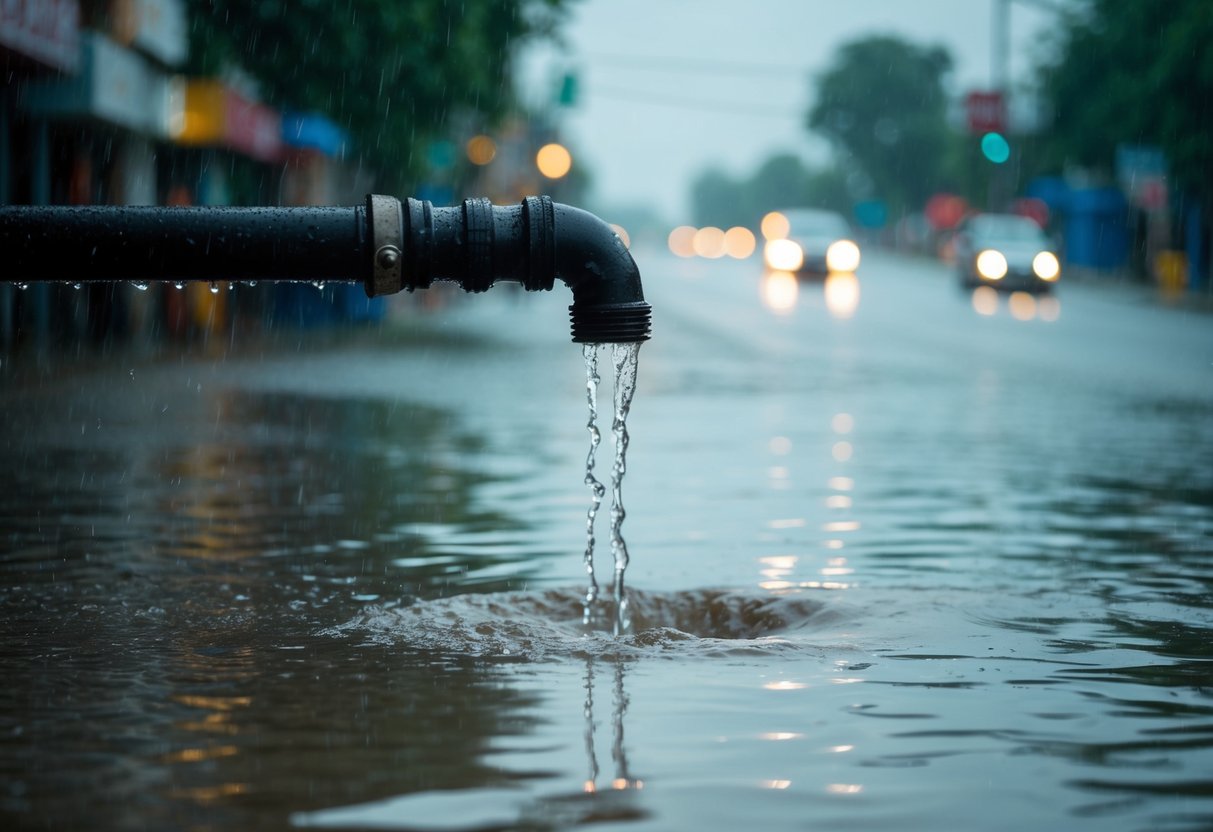 Rainwater drips from a cracked pipe onto the flooded streets of Shah Alam