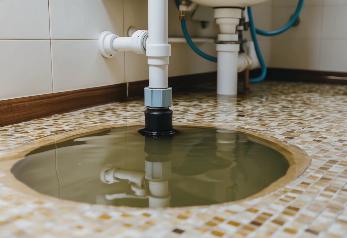 A flooded bathroom floor with water pooling around a leaking pipe, causing water damage to the surrounding walls and flooring in Shah Alam