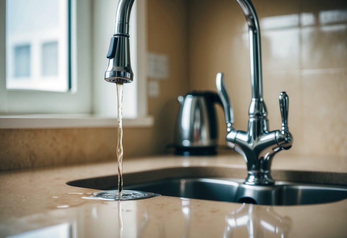 A faucet leaking water onto a kitchen floor in Shah Alam