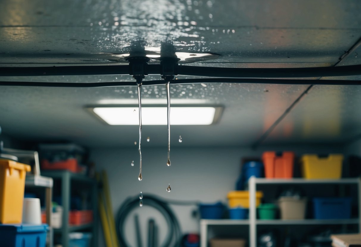 Water dripping from ceiling onto exposed electrical wires in a cluttered storage room