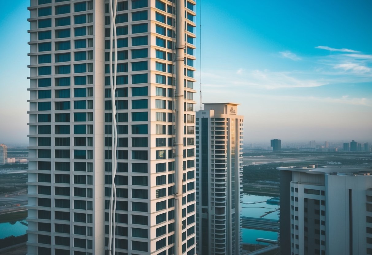 A high-rise building in Shah Alam with water leaking from pipes, causing a spike in utility bills