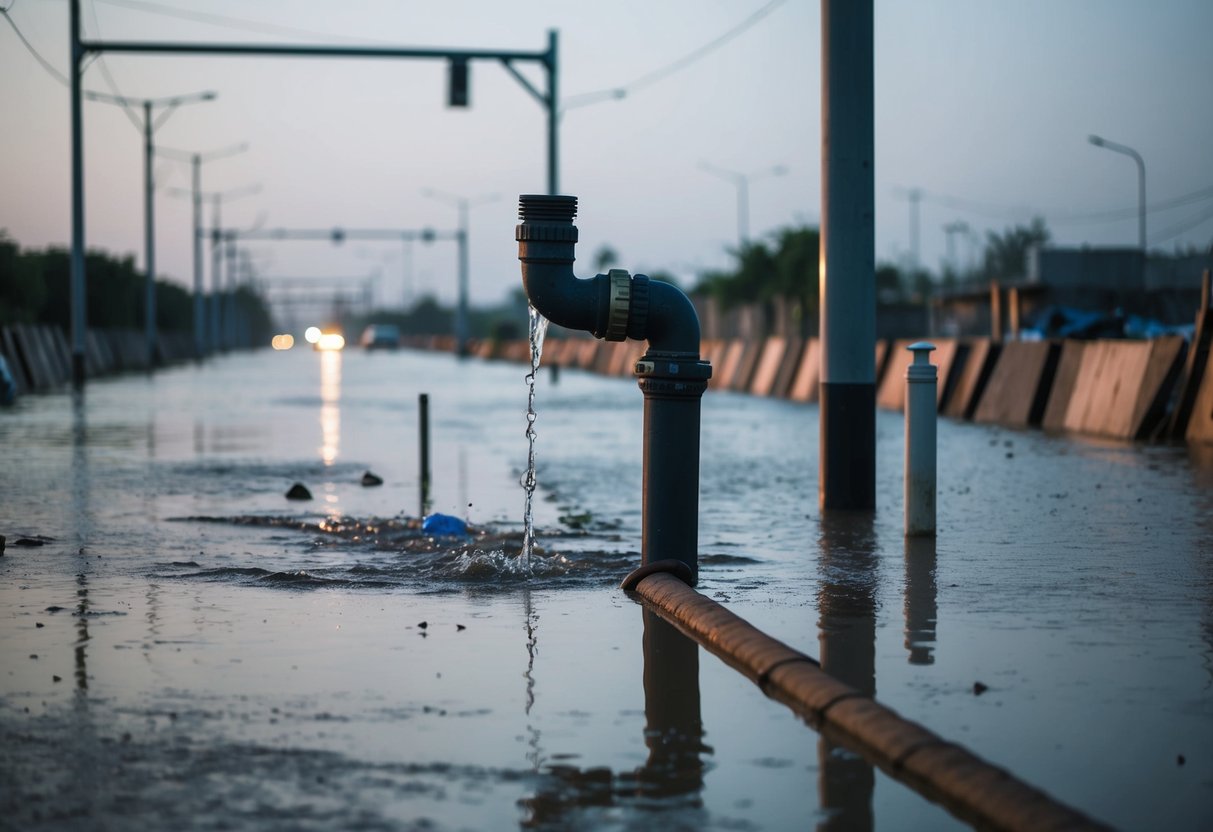 A flooded street in Shah Alam with water leaking from a broken pipe, surrounded by puddles and damaged infrastructure