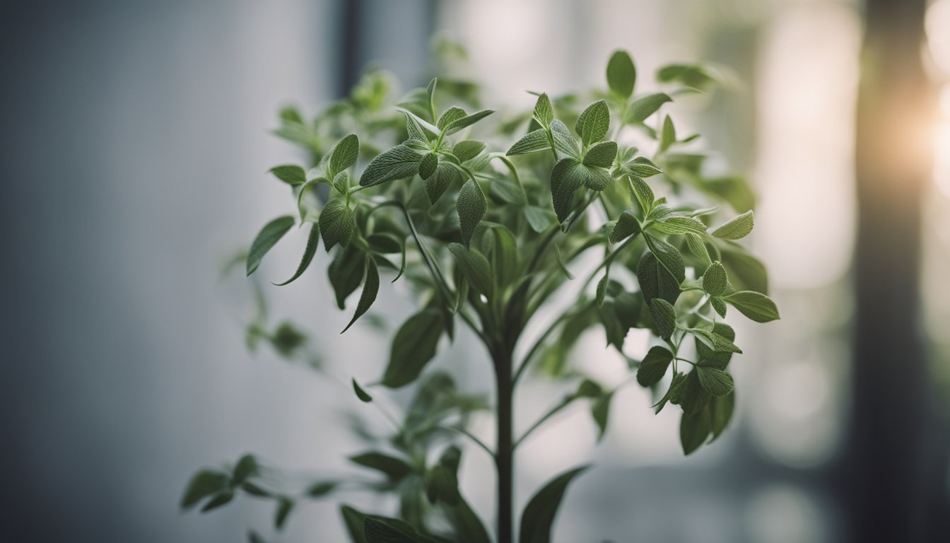 A wilted herb plant with pale, elongated stems, struggling in a dark corner, desperately reaching for light