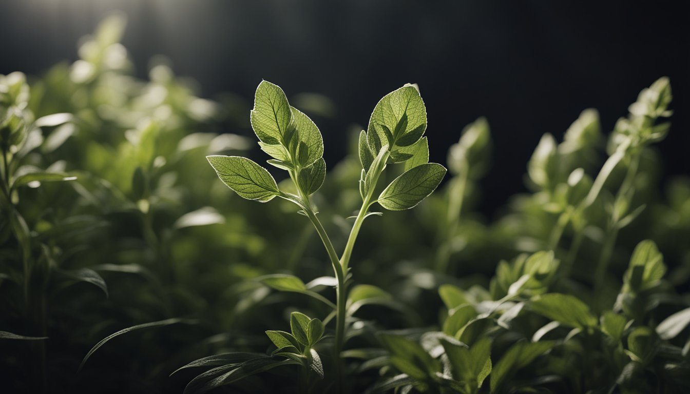 A dying herb plant with pale, elongated stems stretches towards light in a dark corner, illustrating the lack of sunlight