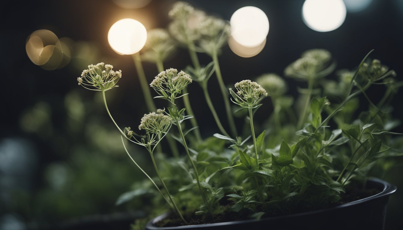 A dying herb plant with pale, elongated stems, struggling for light in a dark corner