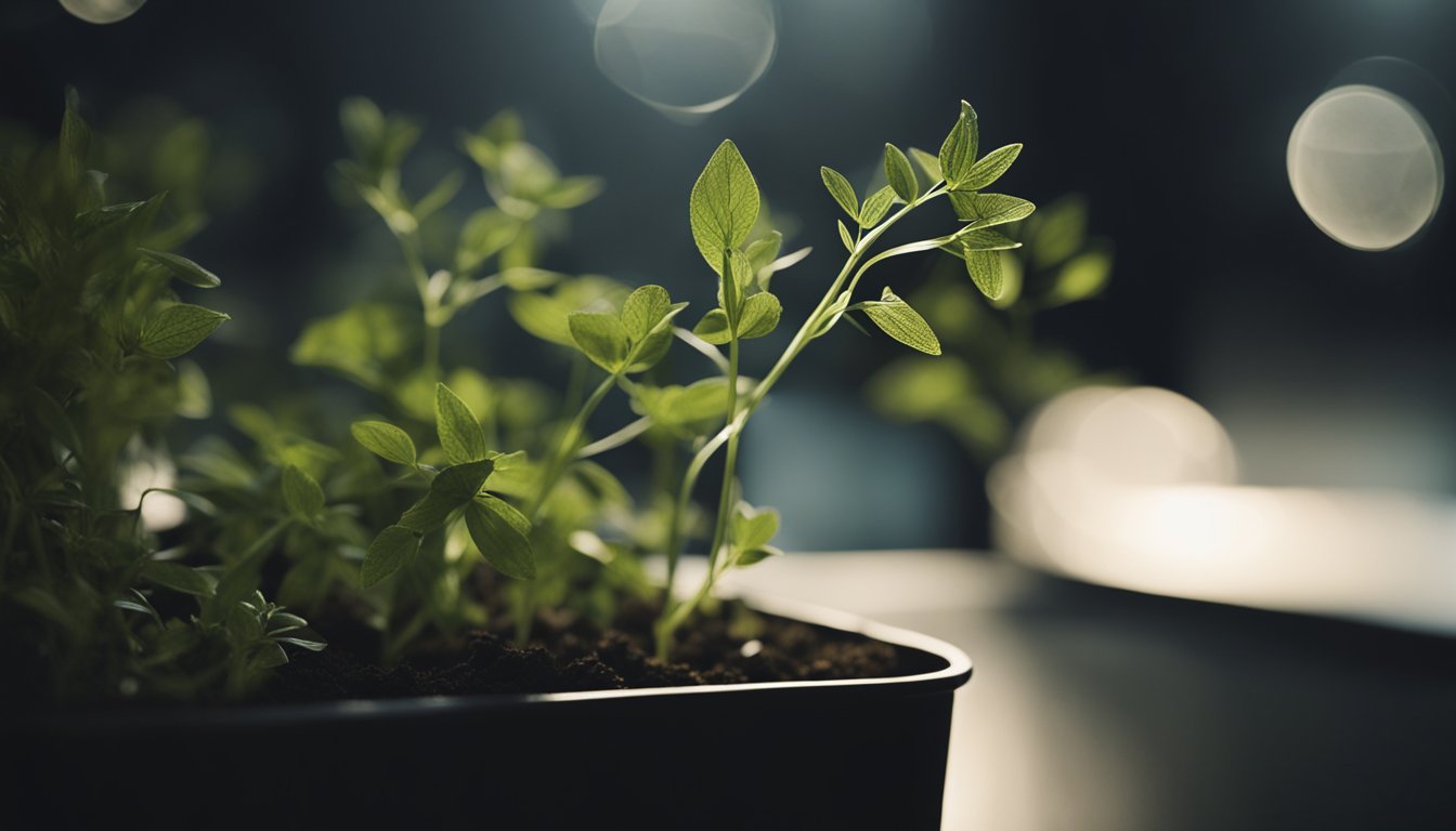 A dying herb plant with pale, elongated stems, struggling in a dark corner, reaching desperately for sunlight