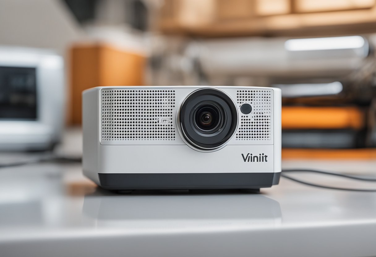 A Vivint camera is connected to a power source and a network cable, with wires running from the camera to the power outlet and the network router