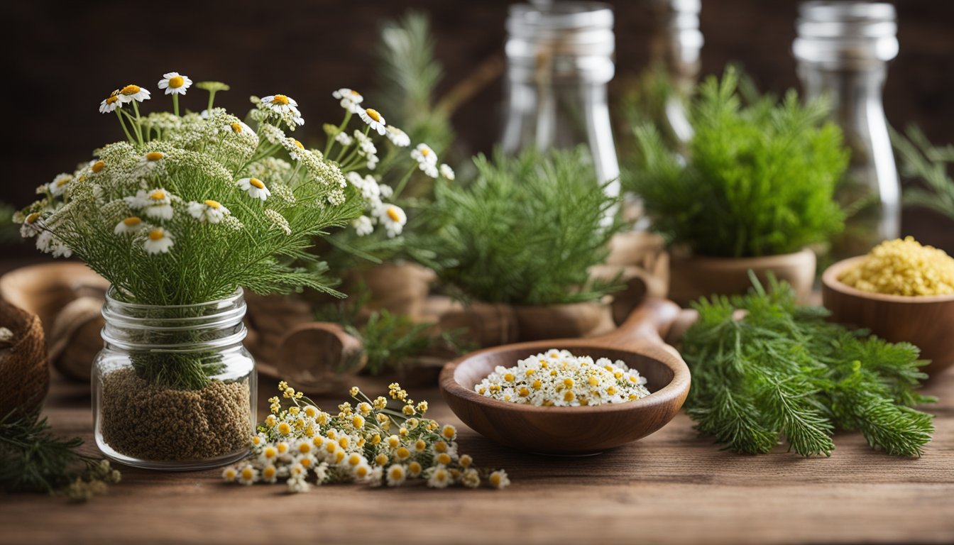 A wooden table displays Viking herbs: yarrow, chamomile, and juniper