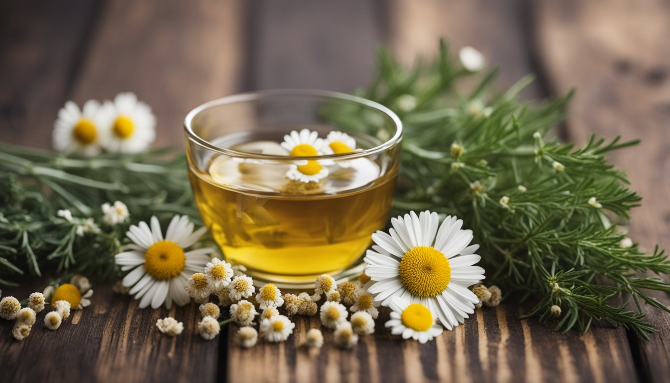 A wooden table displays Viking herbs: yarrow, chamomile, and juniper