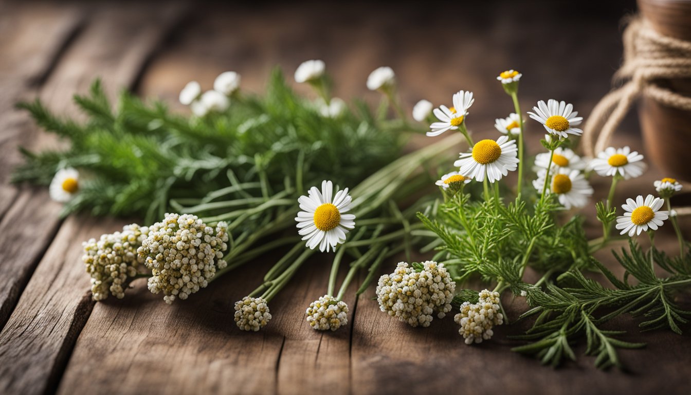 A wooden table displays Viking herbs: yarrow, chamomile, and juniper