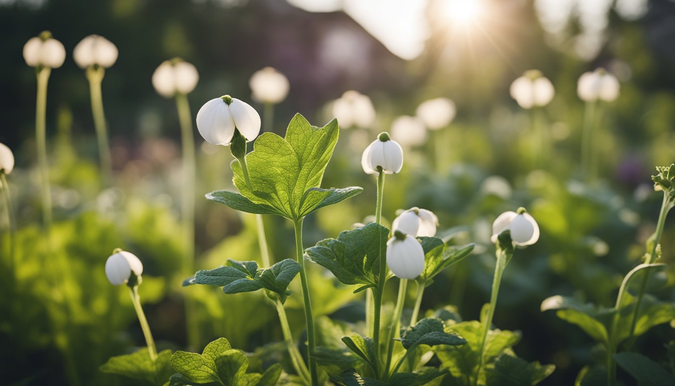 Plants like plantain, marsh mallow, and henbane grow in harmony in a Viking herb garden, creating a serene outdoor scene