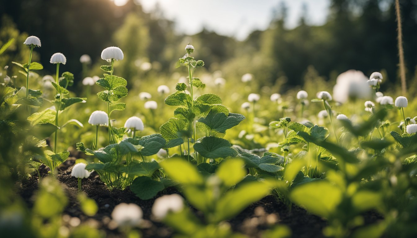 Viking herb garden thrives with plantain, marsh mallow, and henbane, nestled in a serene outdoor setting, coexisting harmoniously with nature