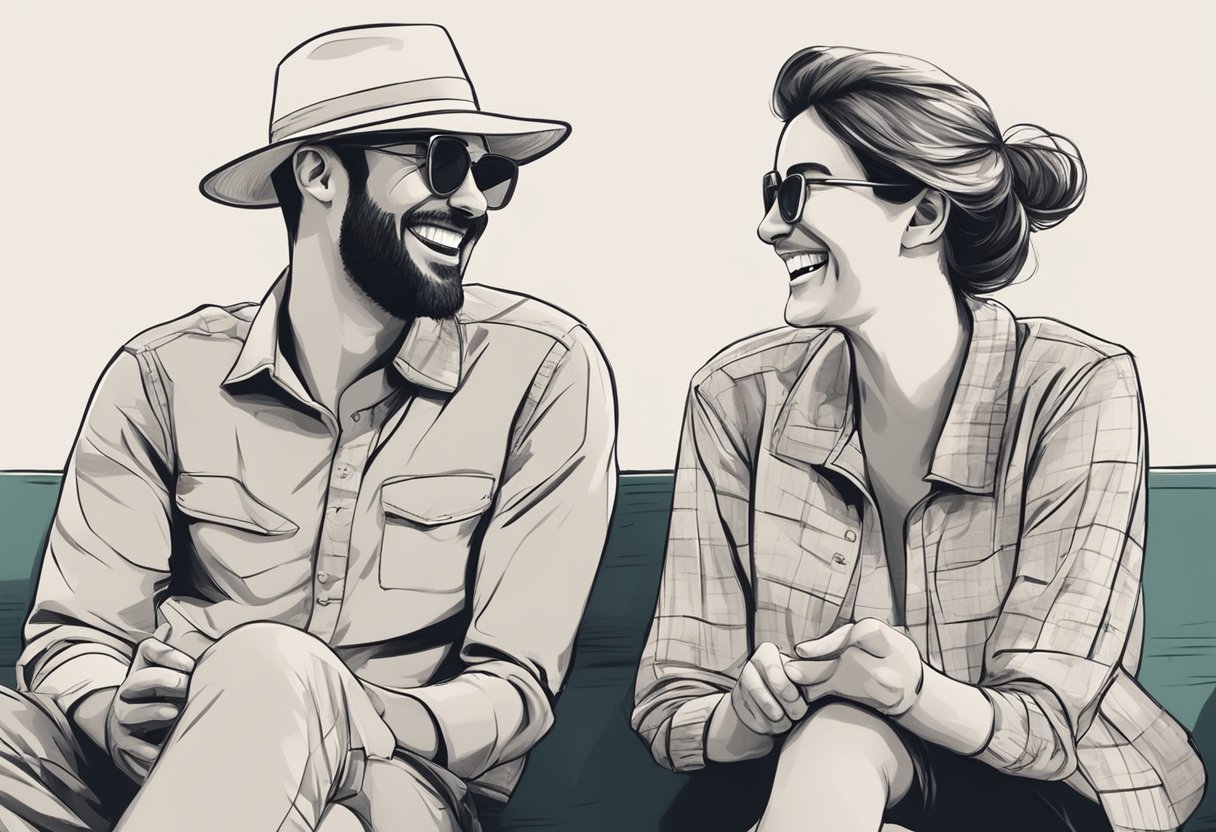 A couple sitting together, laughing and enjoying each other's company. They are engaged in conversation and showing mutual respect and understanding