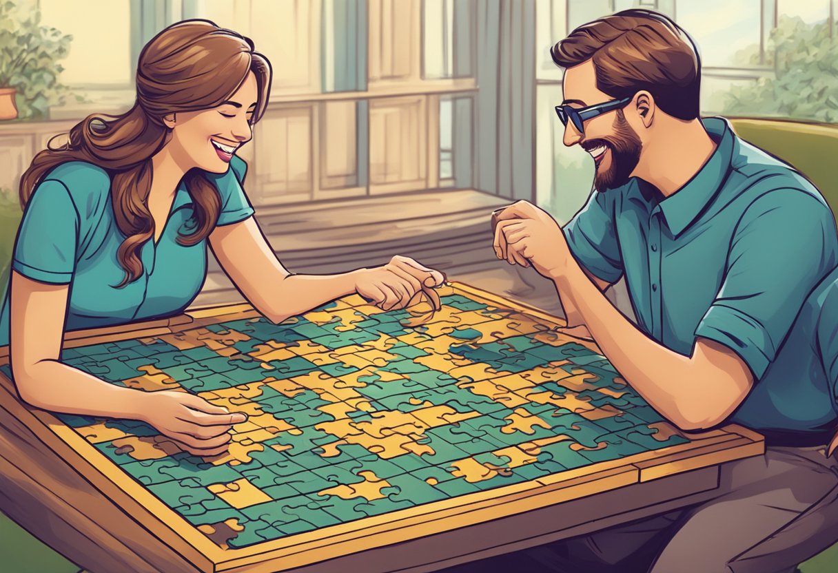 A couple working together to solve a puzzle, communicating and laughing