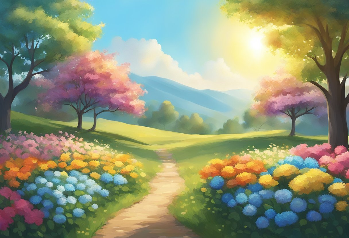 A bright sun shining over a blooming garden with colorful flowers, two trees standing tall together, a clear blue sky, and a gentle breeze blowing through the scene