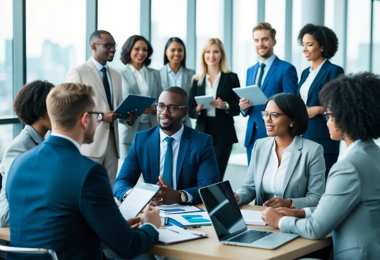 Un groupe de candidats d'affaires divers discutant des meilleures pratiques pour le CNAVTS et les marchés publics dans un cadre professionnel.