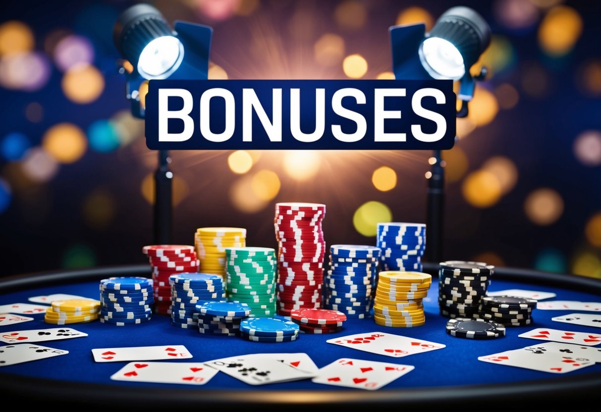 A colorful array of casino chips and playing cards scattered on a virtual background, with a spotlight highlighting the word "bonuses"