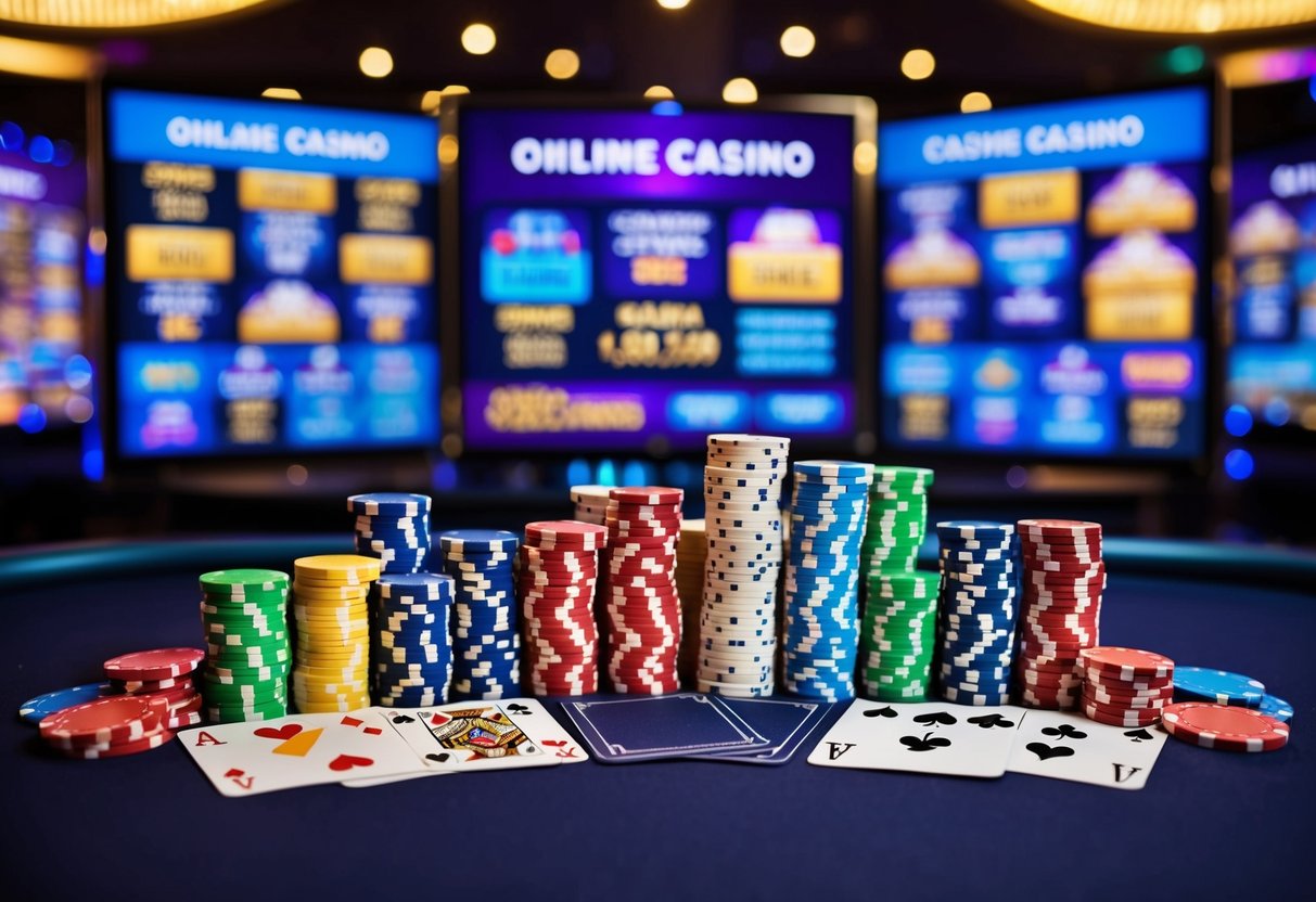 A colorful array of casino chips and playing cards, surrounded by glowing digital screens displaying various online casino bonuses