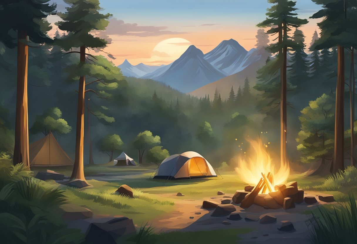 A serene campsite nestled among towering trees and lush greenery in a national park. Smoke rises from a crackling fire as the sun sets behind distant mountains