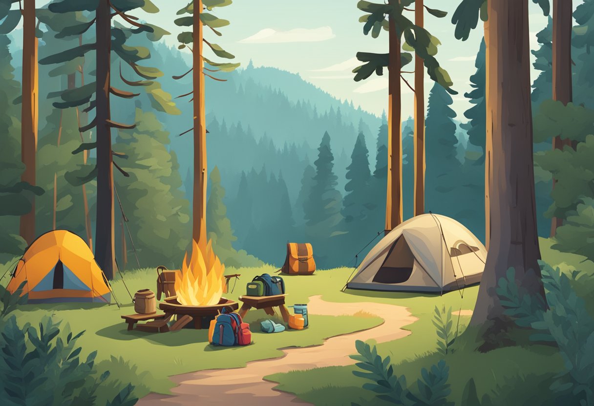 A serene forest clearing with a campfire surrounded by tents, backpacks, and hiking gear. A signpost with "Frequently Asked Questions" stands nearby