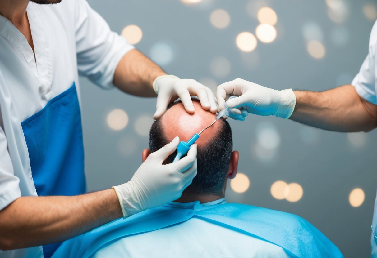 A medical illustration of a scalp with PRP treatment being administered, showing improved blood flow and enhanced hair follicle health