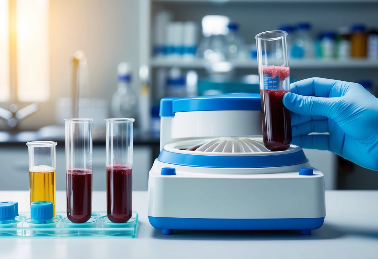 A laboratory setting with test tubes and a centrifuge, where blood is being separated to extract platelet-rich plasma for scalp nourishment