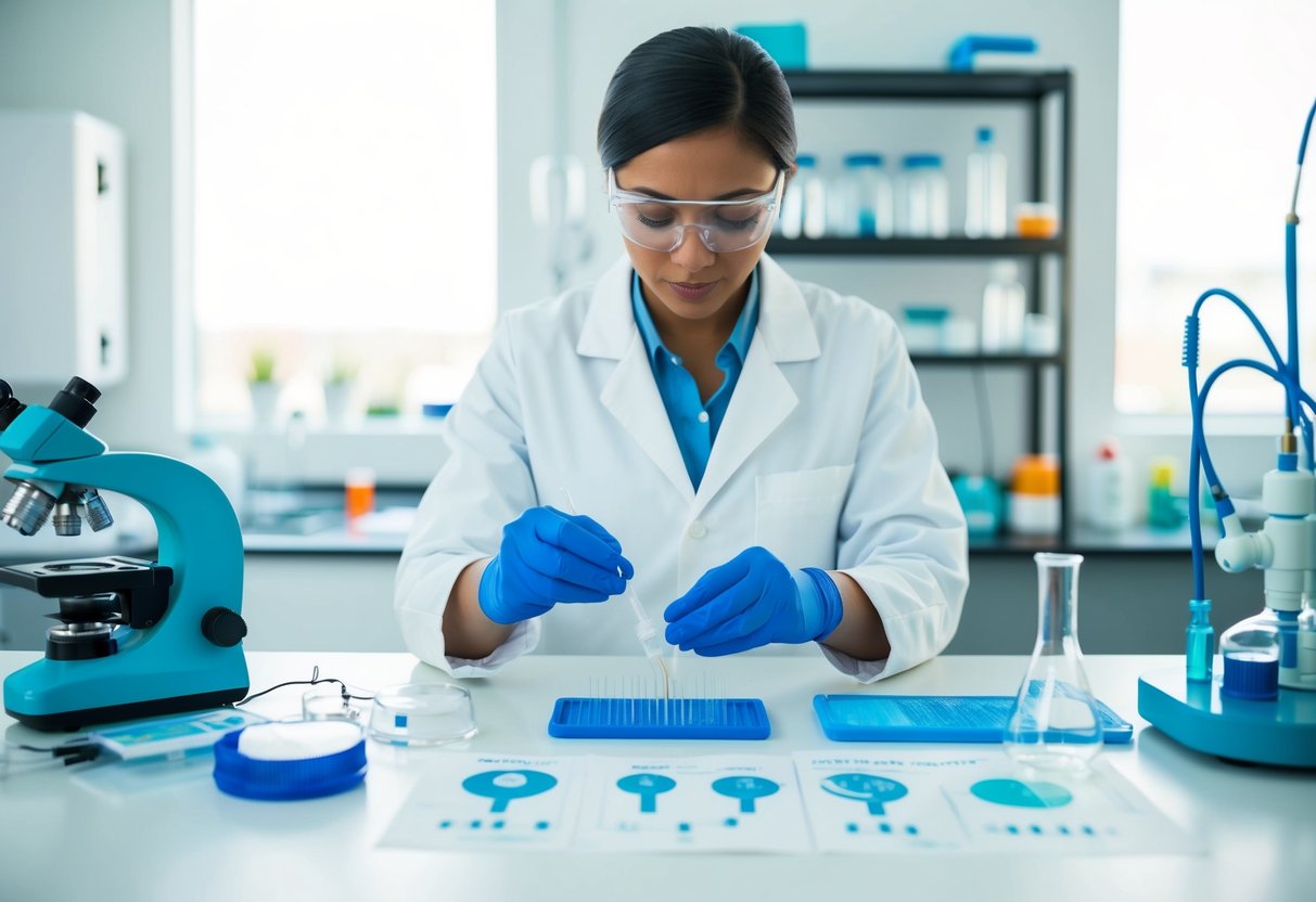 A laboratory setting with a scientist preparing PRP, surrounded by scientific equipment and diagrams of the scalp's mechanisms for scalp health