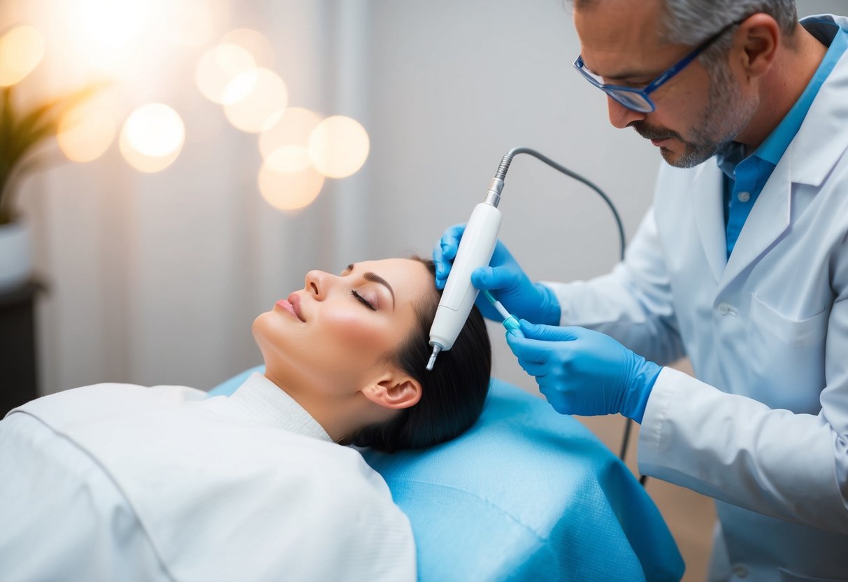 A medical professional preparing and administering PRP treatment to a scalp, with a focus on the circulation and hair follicles