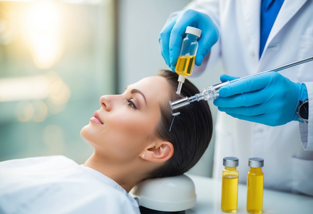 A doctor performing PRP hair treatment on a patient's scalp using a specialized tool and vials of PRP solution