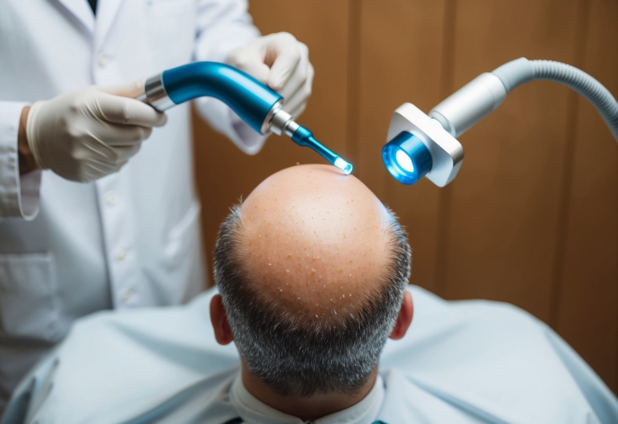 A scalp with hair follicles receiving PRP treatment from a medical device