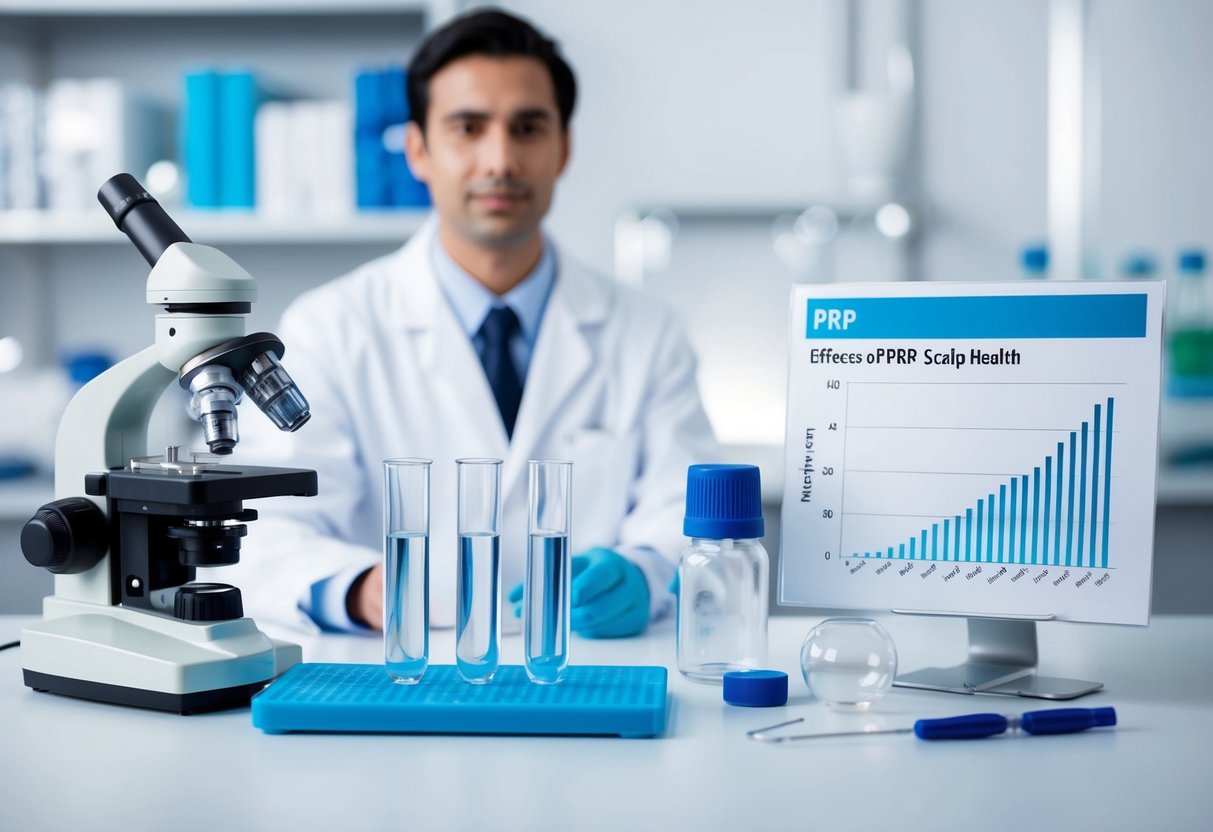 A lab setting with test tubes and equipment, a microscope, and a graph showing the effects of PRP on scalp health