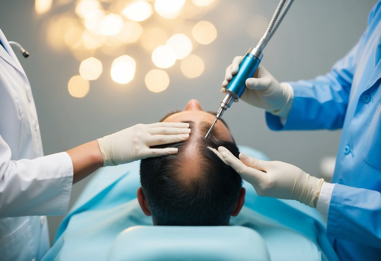 A close-up of a scalp with hair follicles receiving PRP treatment from a medical professional