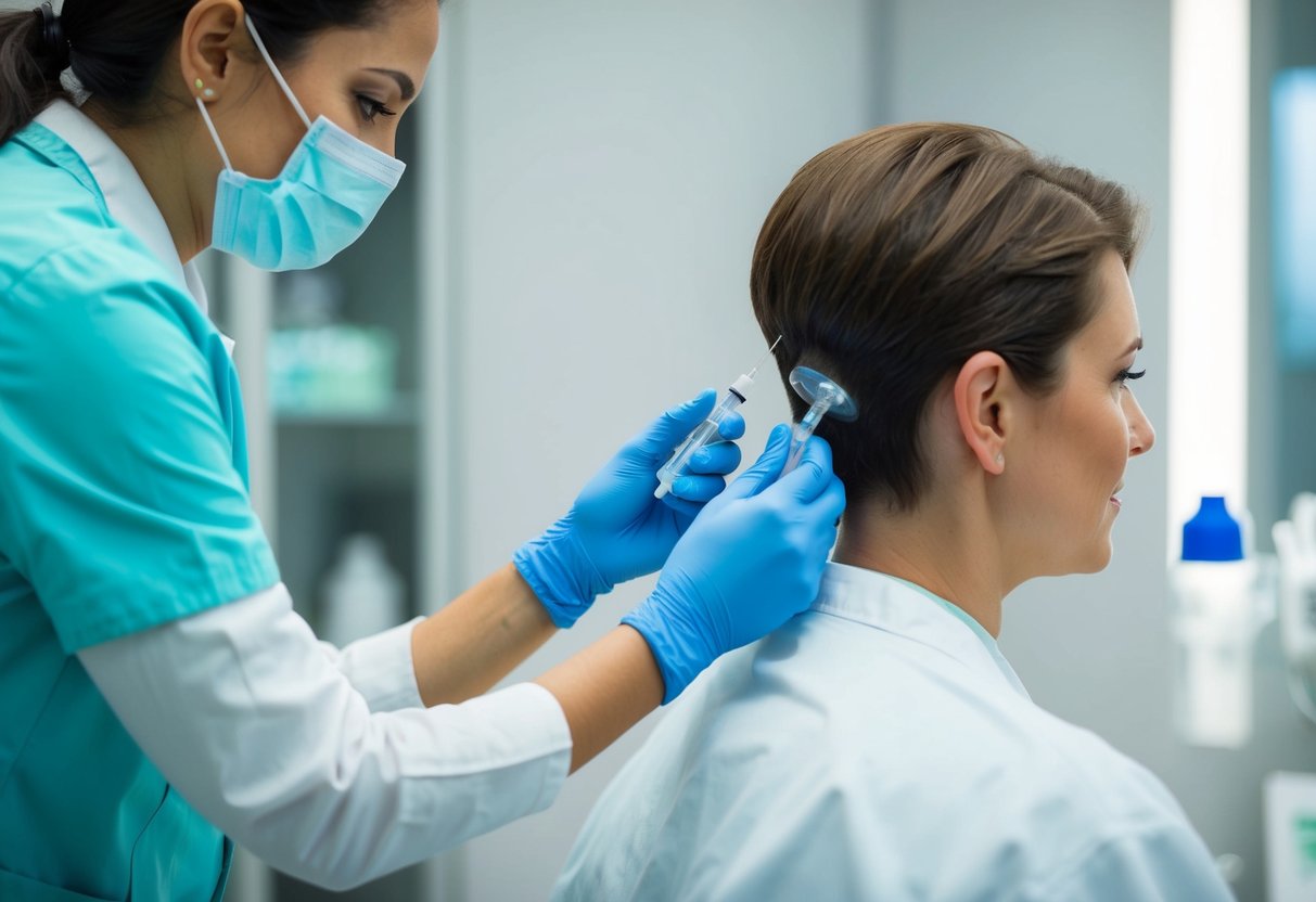 A medical professional prepares and administers a scalp injection, surrounded by sterile equipment and a focus on scalp health