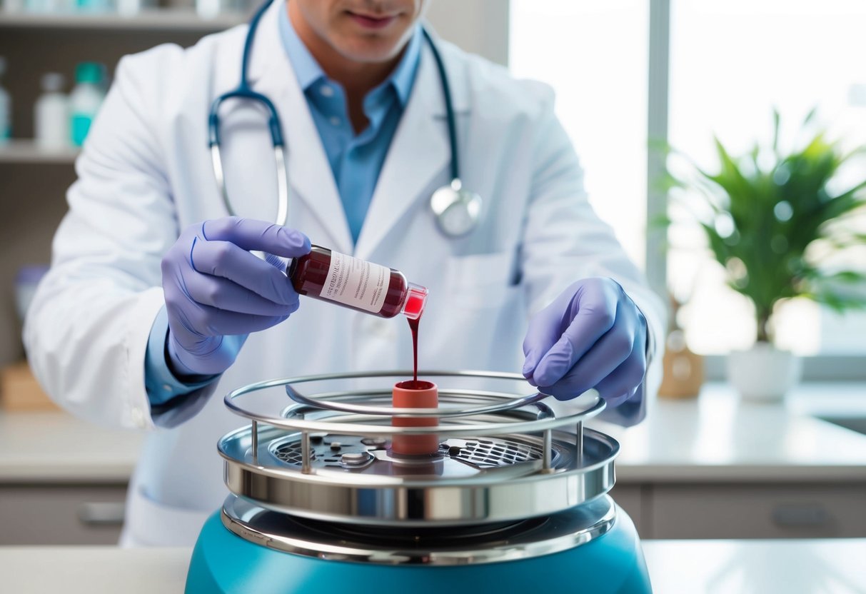 A doctor prepares a vial of blood, spins it in a centrifuge, and extracts the platelet-rich plasma for scalp treatment