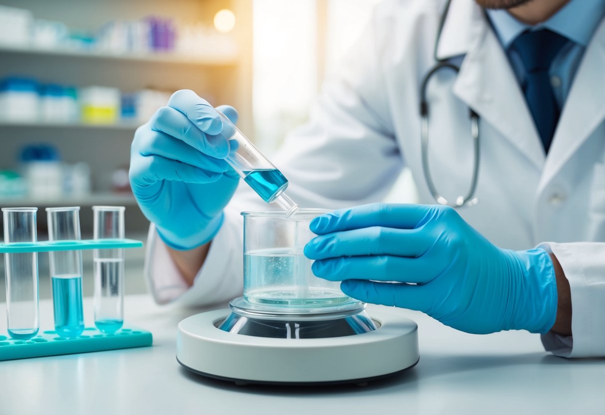 A laboratory setting with test tubes and a centrifuge, with a technician preparing a PRP solution for scalp health enhancement