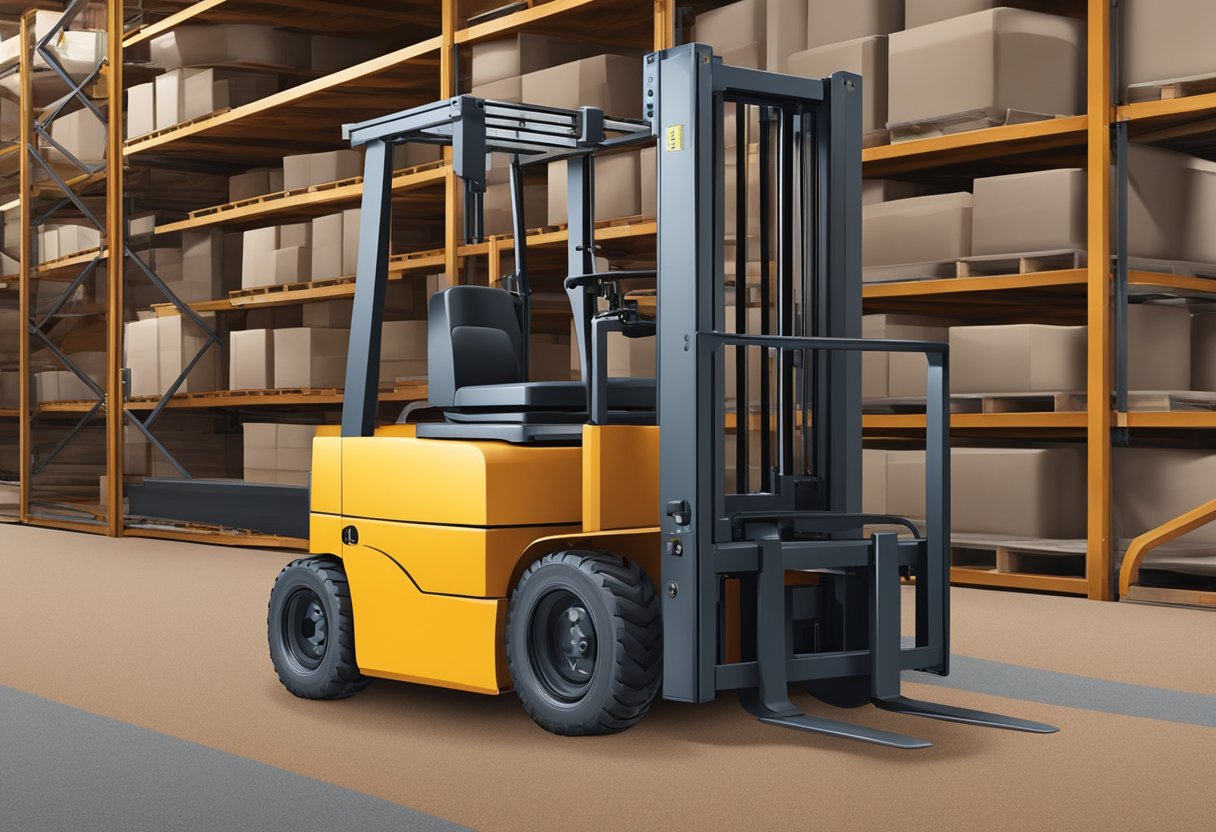 A forklift with a protruding pole for carrying rolled carpets