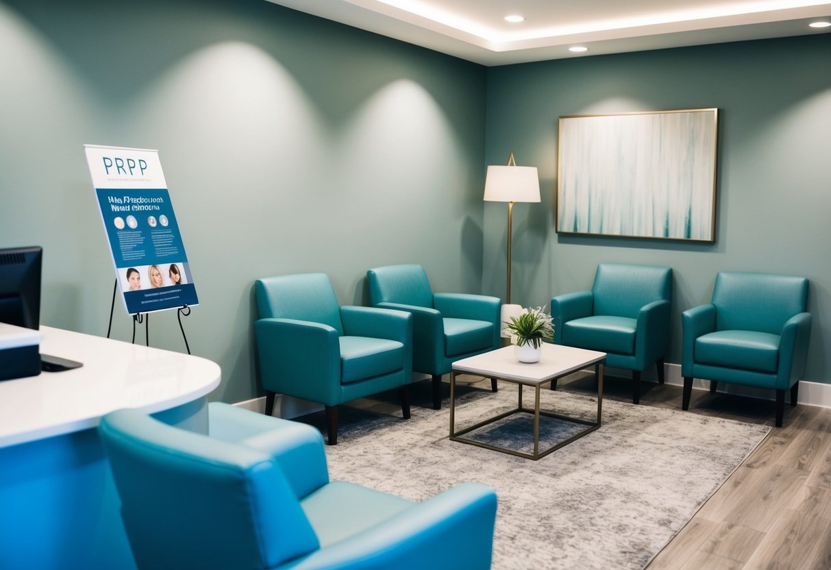 A serene and modern clinic waiting room with comfortable seating, soft lighting, and a reception desk. A brochure stand displays information about PRP hair treatment