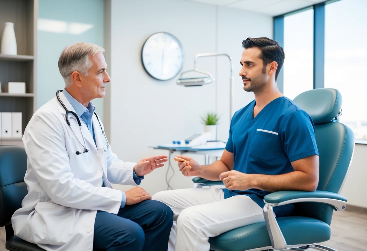 A patient sitting in a comfortable chair, consulting with a doctor in a modern and clean medical office. The doctor is explaining the PRP hair treatment process to the patient