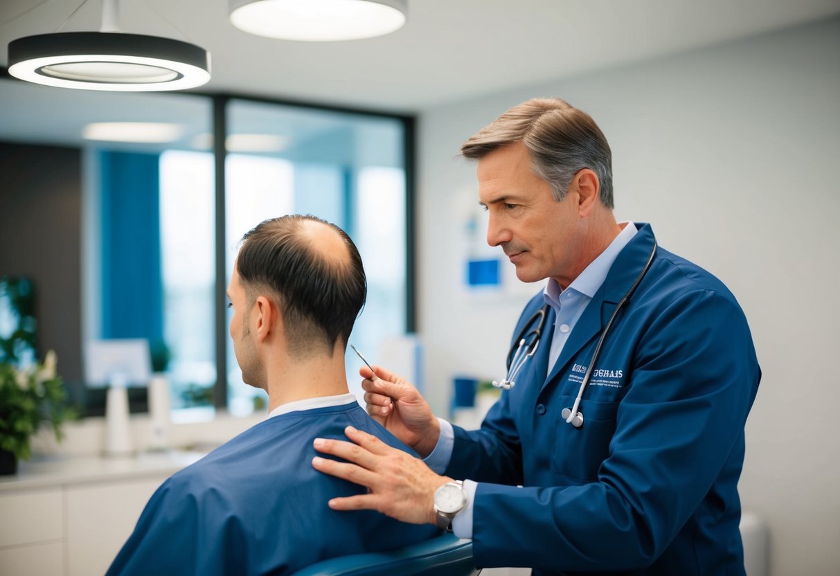 A doctor and a patient discussing PRP hair treatment in a modern clinic setting