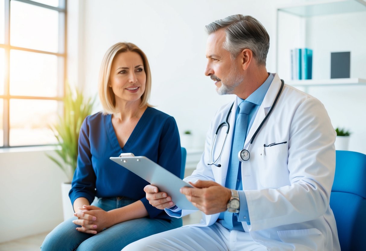 A doctor and patient sit in a bright, modern consultation room discussing PRP hair treatment. The doctor holds a clipboard and gestures as they talk