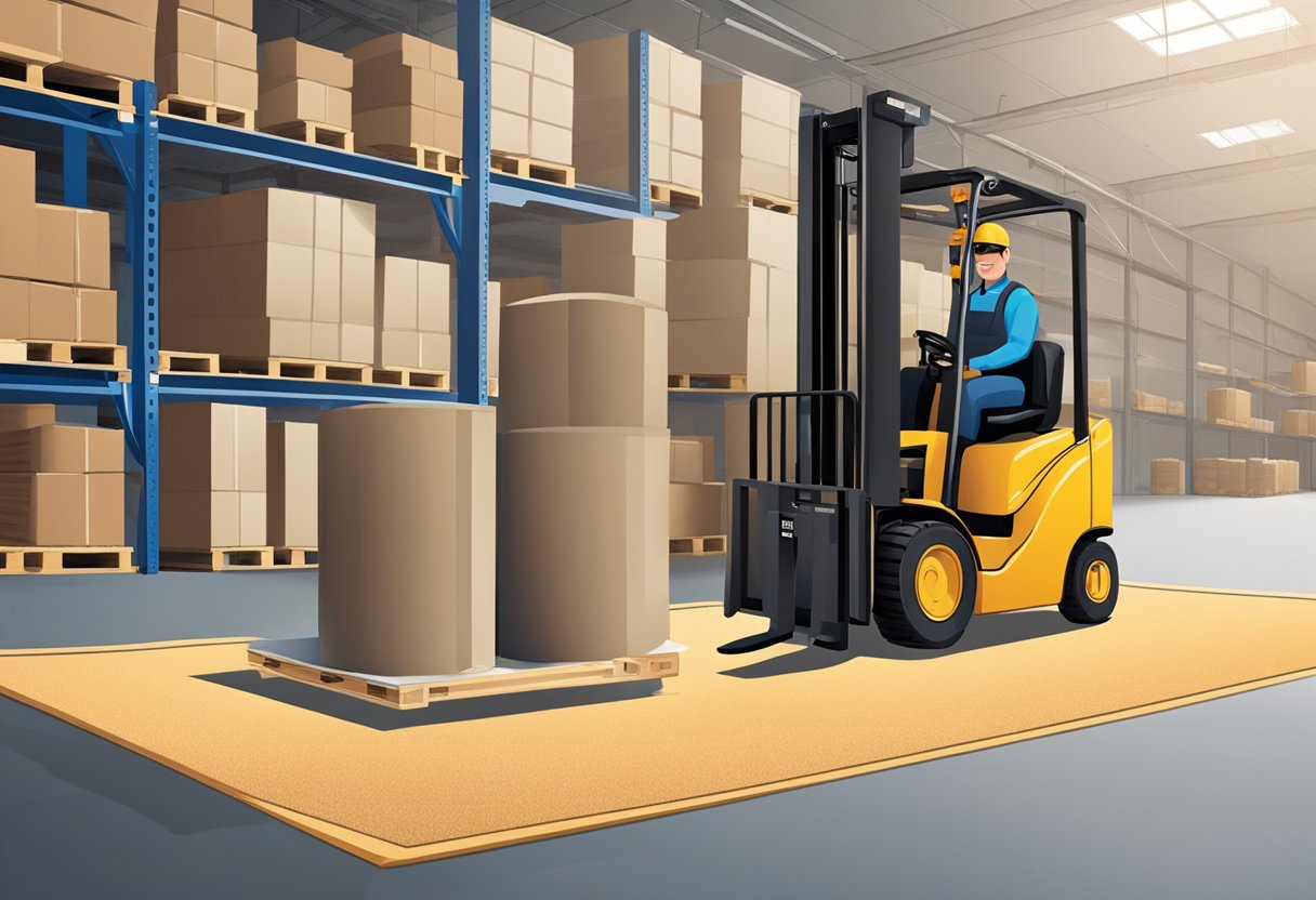 A forklift with a carpet pole attachment lifting a roll of carpet in a warehouse setting