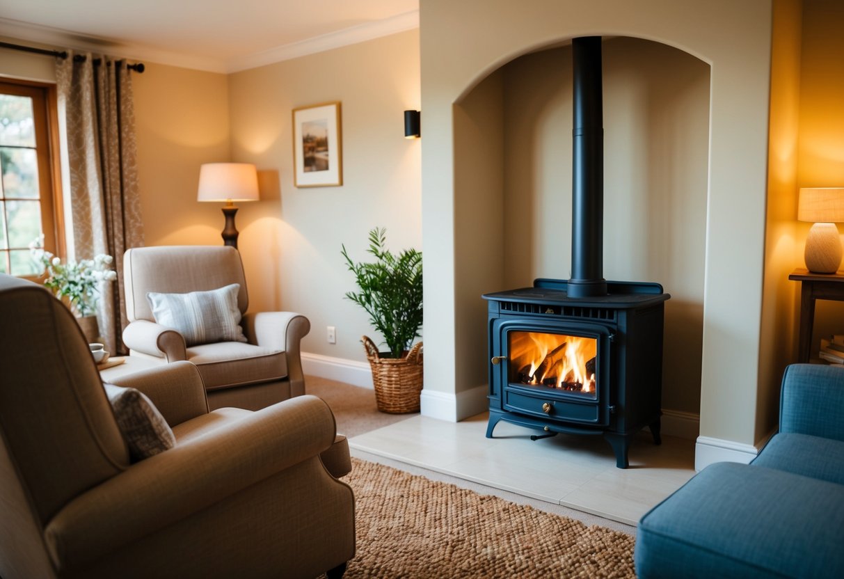 A cozy living room with a roaring fire in a Stanley Stove, surrounded by comfortable chairs and a warm, inviting atmosphere