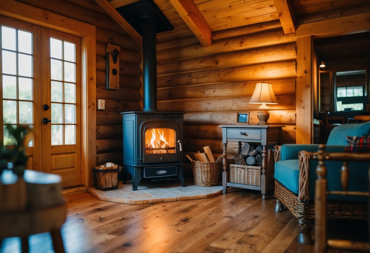 A cozy cabin with a roaring fire in a Stanley Stove, surrounded by rustic furniture and warm lighting