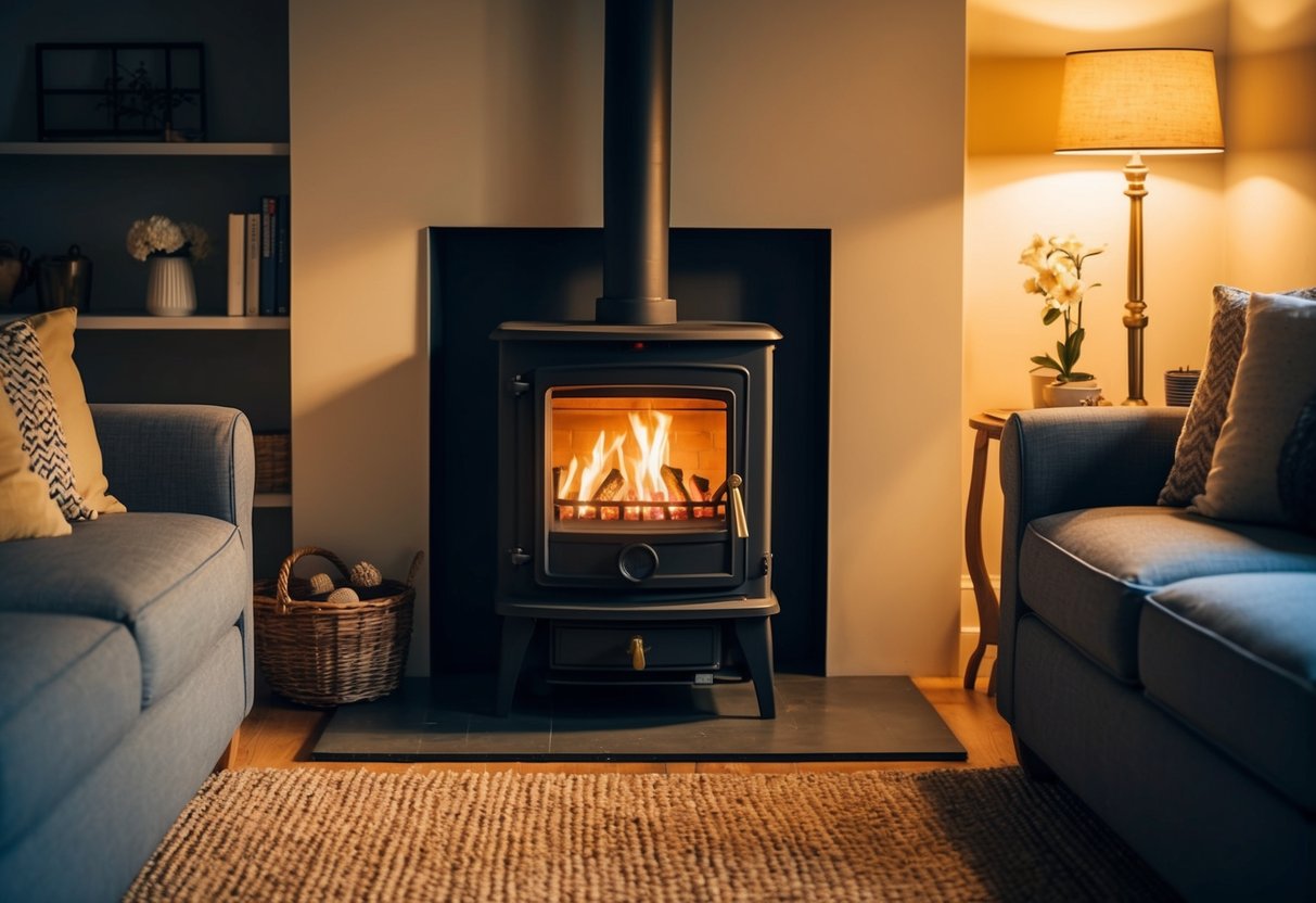 A cozy living room with a roaring fire in a Stanley stove, casting a warm glow on the surrounding furniture and decor