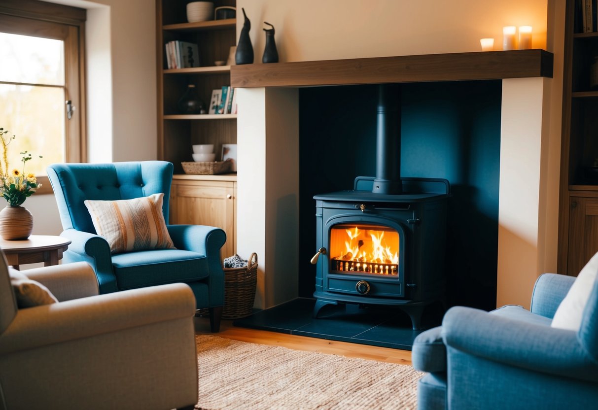 A cozy living room with a roaring fire in a Stanley stove, surrounded by comfortable chairs and a warm, inviting atmosphere