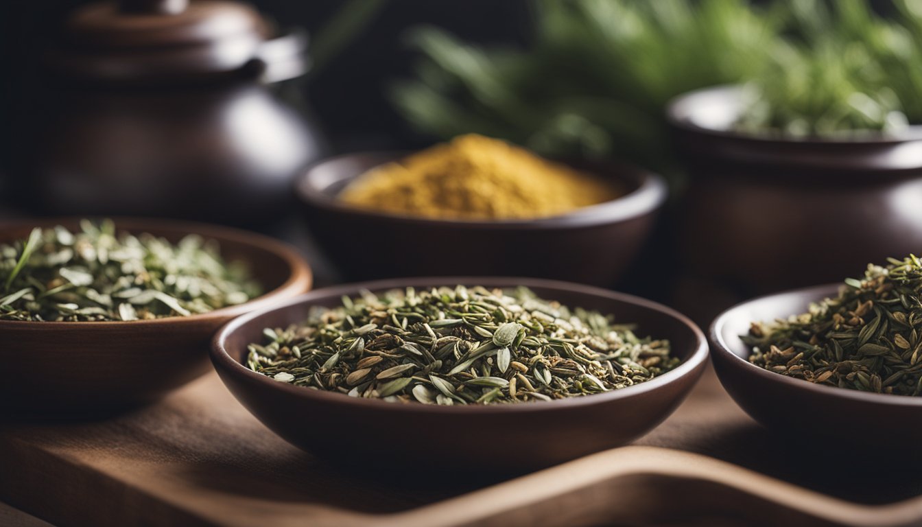 Dried herbs in bowls on a table for tea-making