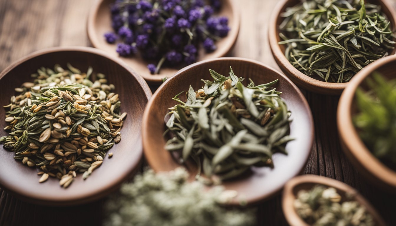 Dried herbs in small bowls on wooden table for herbal tea