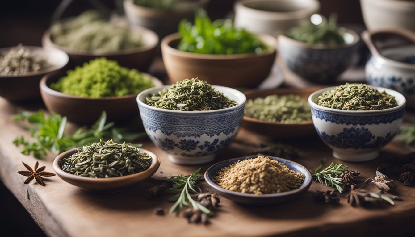 Dried herbs in bowls on a table for tea-making