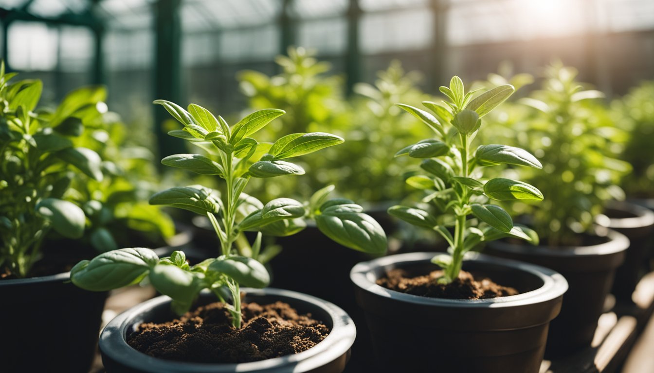 Basil, rosemary, and mint grow in pots in a sunlit greenhouse