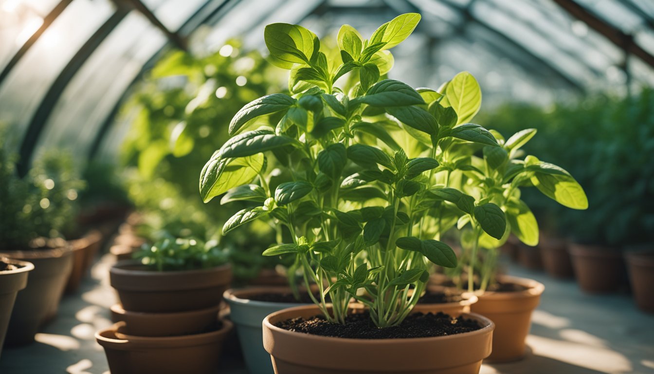 Basil, rosemary, and mint grow in pots inside a greenhouse, sunlight streaming through glass panels